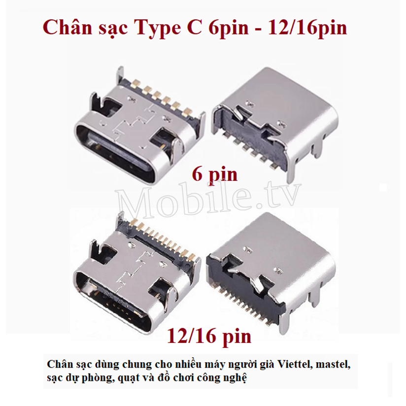(Set 5c) | Chân sạc Type C 6 chân, 12/16 chân đa năng dùng cho máy người già Viettel, mastel, sạc dự