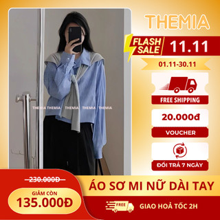 Áo sơ mi nữ dài tay kẻ sọc xanh thủy thủ kèm khăn rời, áo kiểu sơmi dáng ngắn basic kiểu dáng Hàn Quốc A004