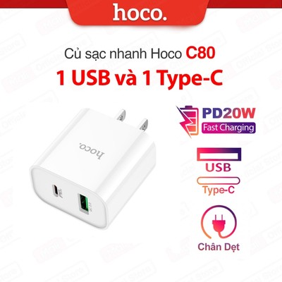 Củ Sạc Nhanh 2 Cổng Hoco C80 plus PD20W (QC 3.0, PD)có tổng dòng sạc lên đến 3.4A chân Dẹt