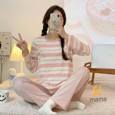 Bộ Bầu Mặc Nhà Cotton Kẻ xanh hồng Đồ Bầu Sau Sinh Mở 2 Bên Cho Con Bú Và Quần Chun Chỉnh Bụng, Dài Tay 2mama
