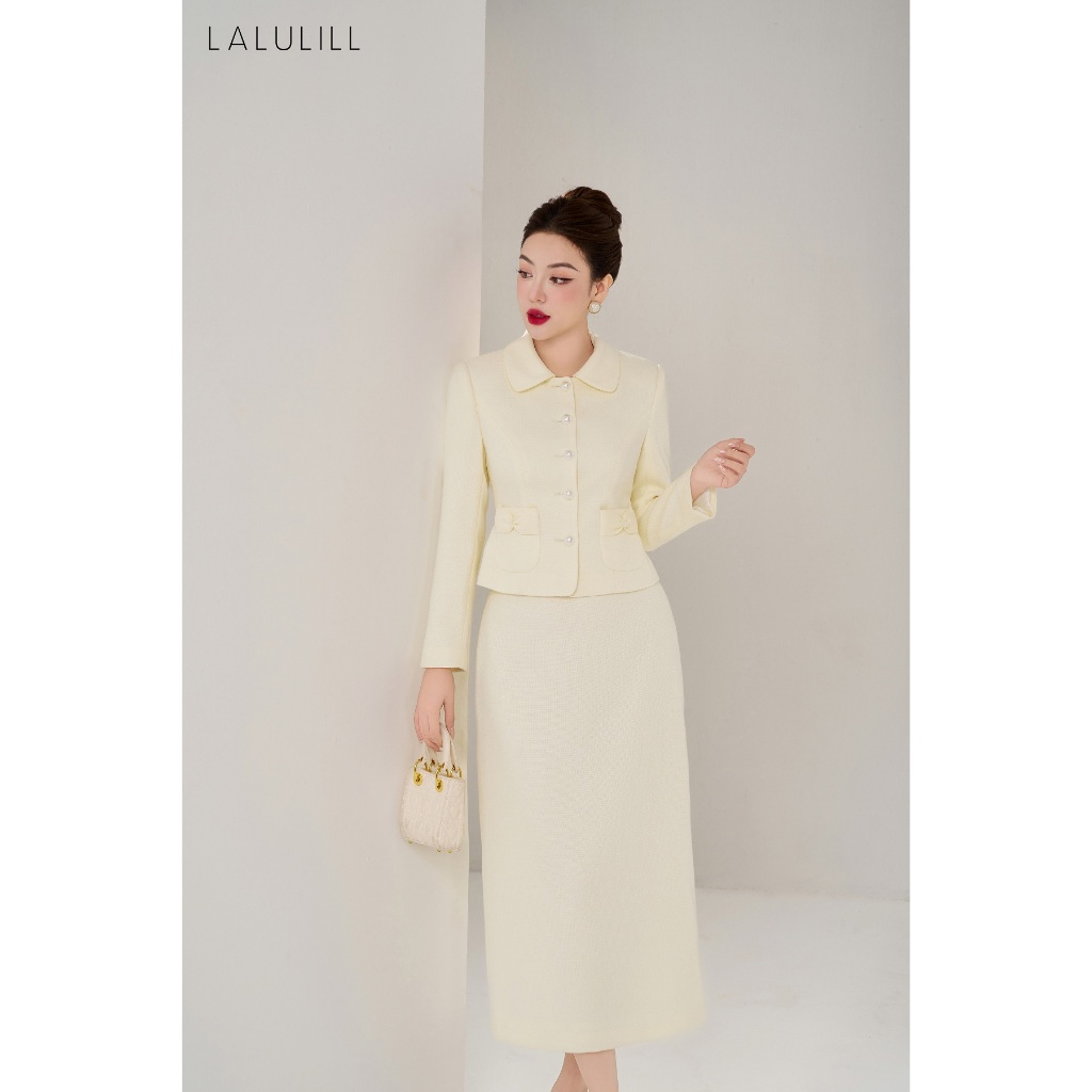 Áo vest thu đông công sở LALULILL cổ sen dạ text túi nơ màu kem LAV2440901