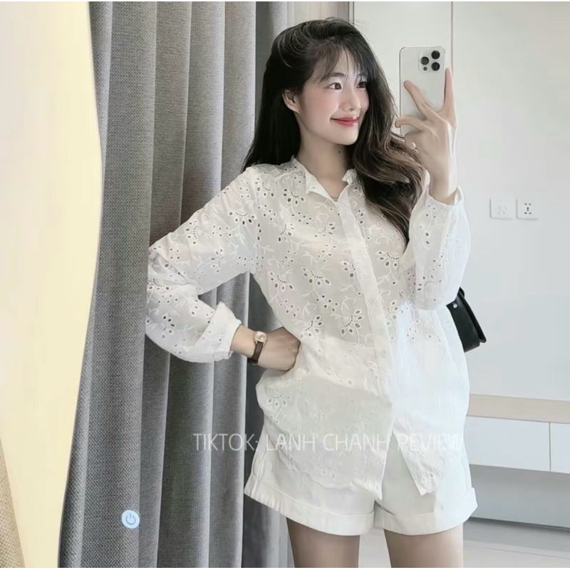 Áo sơ mi kiểu nữ tay dài chất thô ren thêu hoa cổ tròn tay bồng form rộng che khuyết điểm Ulzzang