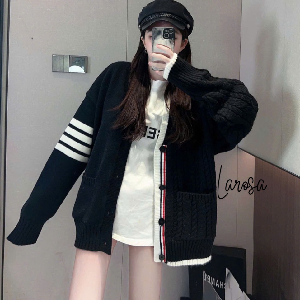 Áo khoác len cardigan Thom 4 Vạch Trắng Vặn Thừng Mẫu new 2024 chất len lông thỏ mềm mịn khong xù dáng Rộng Hàn Quốc