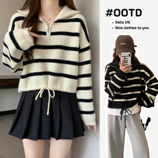 Áo len nữ dài tay họa tiết kẻ sọc dễ thương phối khóa, len cổ lọ kiểu hàn form ngắn 2 màu basic deliz