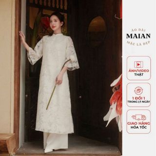 Áo dài cách tân gấm 4tà S5067 áo lót lụa cổ tàu nẹp lệch đính khuy dáng suông tay lửng phối cùng quần lụa ống rộng Maian