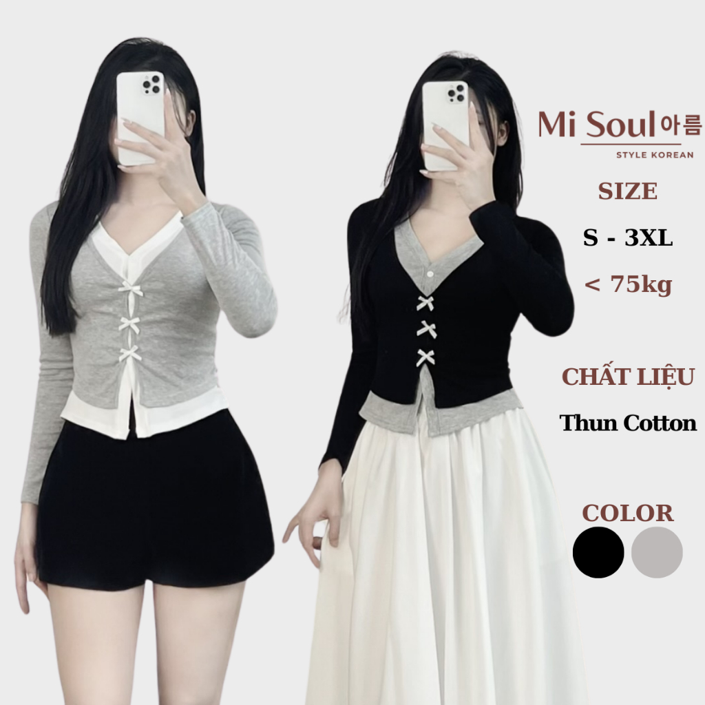  Áo Thun Cotton Dài Tay Cổ Tim Đính Nơ 2 Lớp Điệu Đà Form Ôm BigSize MiSoul Áo Dài Tay Cổ Tim Đính Nơ 351 