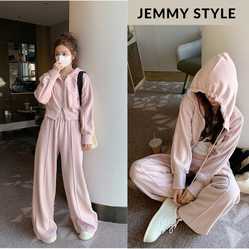 Bộ thu đông nữ, set bộ nữ áo khoác có mũ mix quần ống rộng cạp chun Jemmy Style HCOM3188