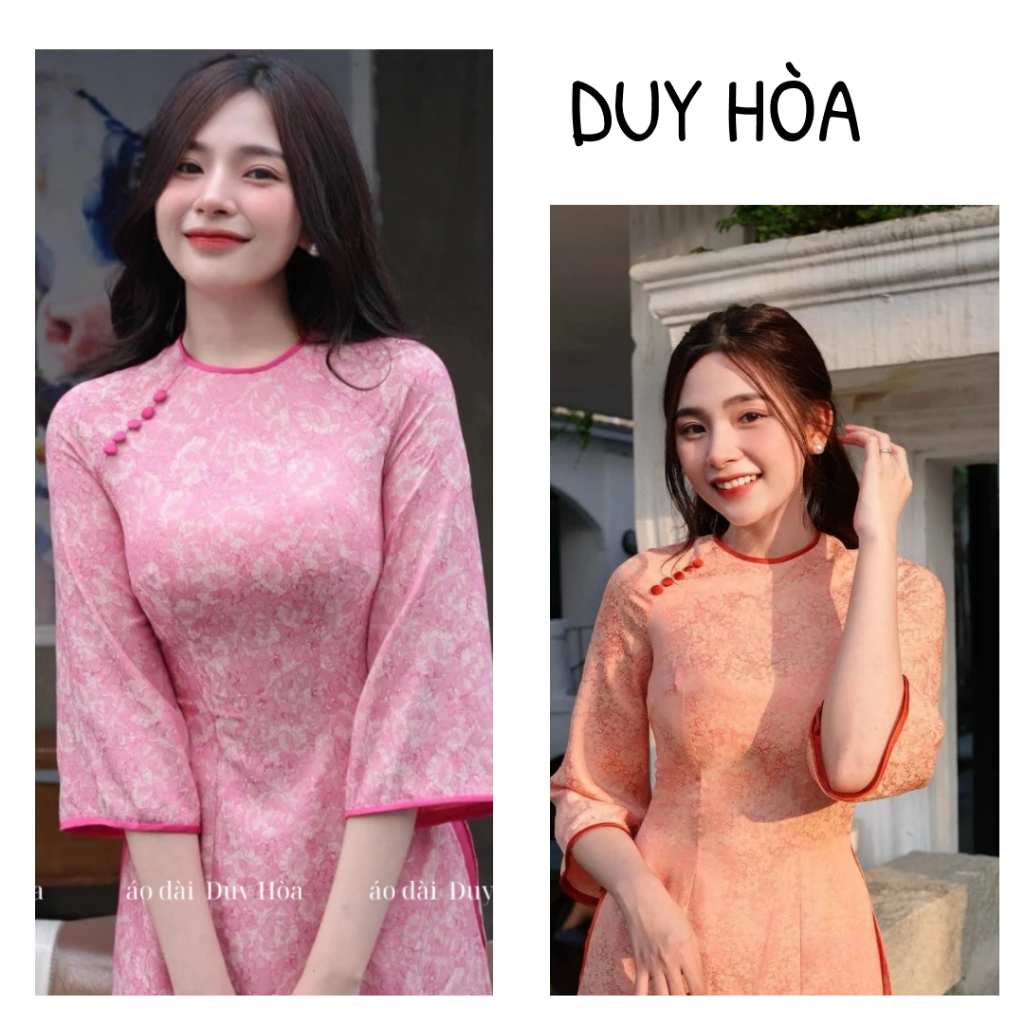 [SẴN HÀNG]Áo dài cách tân, áo dài truyền thống HỒNG ANH cổ tròn viền hồng sen, đính cúc cách điệu hoạ tiết gấm | BigBuy360 - bigbuy360.vn