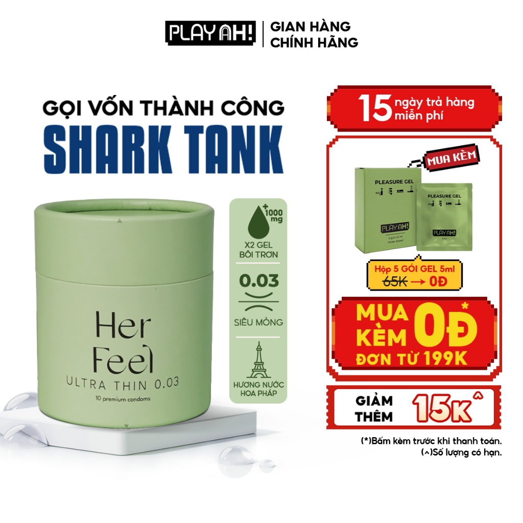 Bao cao su PlayAh Her Feel Ultra Thin 0.03mm Hộp 3/10 Size 52mm Siêu Mỏng Nhiều Gel Cao Cấp