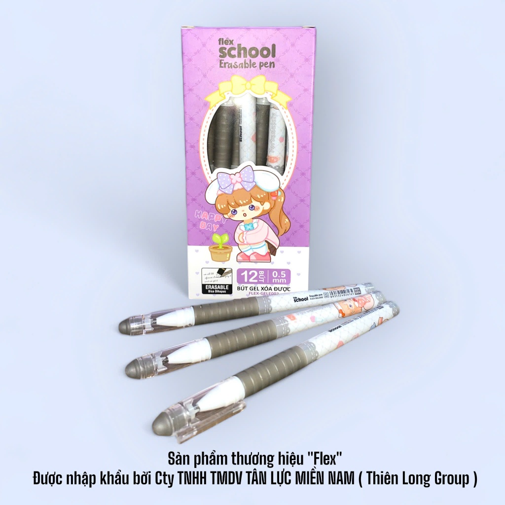 Hộp 12 Cây Bút Gel Xoá Được Thiên Long FLEX-GELE001/FLEX-GELE002 Mực Xanh/Đen/Tím Có Gôm Trên Nắp