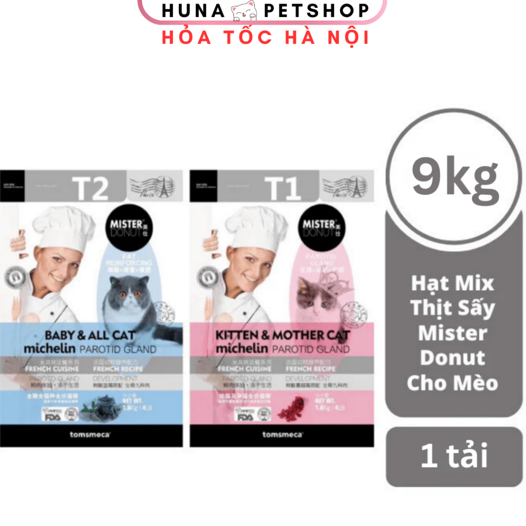 Hạt Cho Mèo Mister Donut Thức ăn cho mèo mẹ, mèo con túi hãng 9kg - Dinh Dưỡng Cao Cấp Từ Pháp