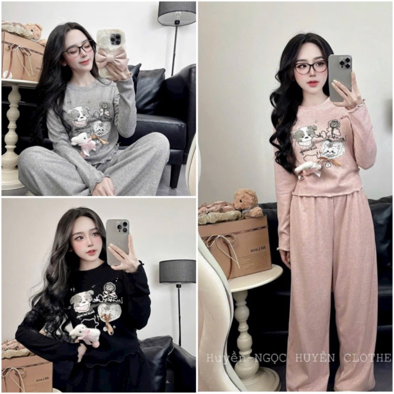 { HÀNG SẴN} Sét bộ tay dài cổ tròn kèm thỏ rời thu đông dễ thương , sét bộ nữ áo crt mixx quần ống xuông