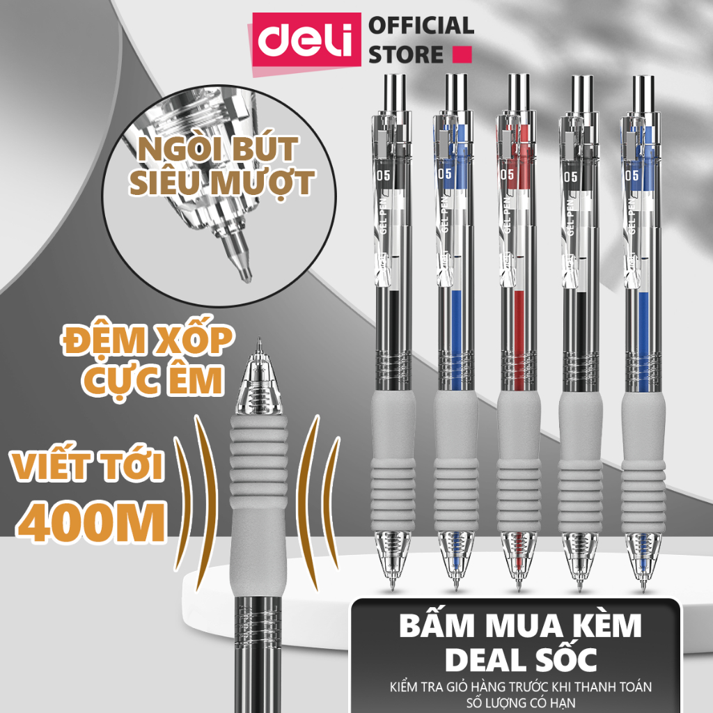 Bút Bi Nước Bút Gel Mực Bấm Deli Đệm Xốp 3 Màu Xanh/ Đen/ Đỏ rơn Tru Ngòi 0.5mm Dành Cho Học Sinh Văn Phòng