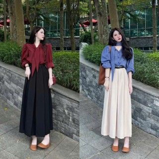  Set váy dài thiết kế thanh lịch đơn giản cho nàng công sở cực xinh 2 màu set áo sơ mi caro tay dài phối chân váy xòe 