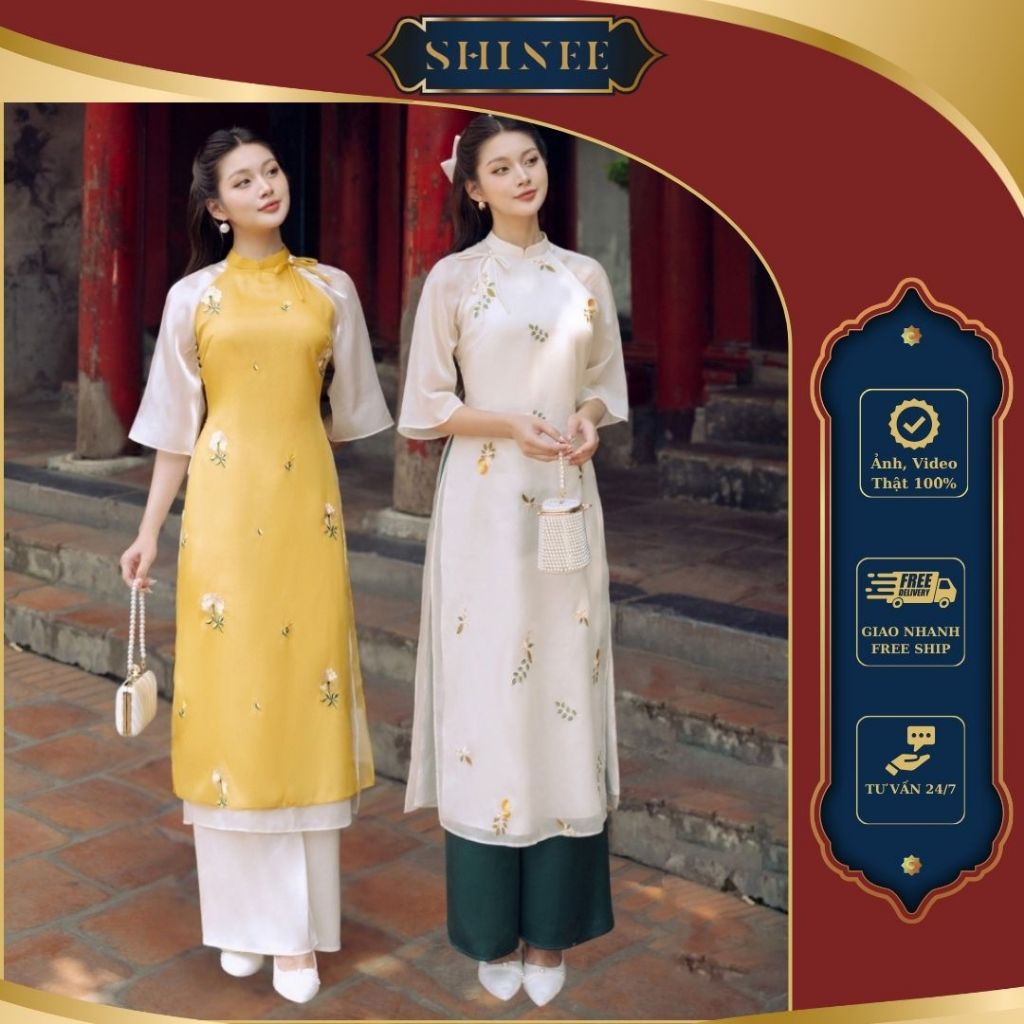 Áo Dài Cách Tân Linh Lan Lụa Tơ Thêu Hoa Cao Cấp SHINEE Áo Thiết Kế Cổ Cao Dáng Ôm 4 Tà Thanh Lịch