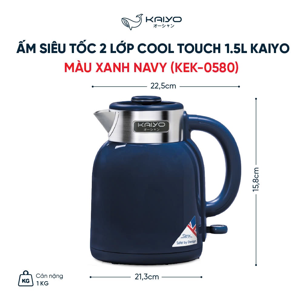 Ấm siêu tốc 2 lớp Cool touch Kaiyo 1.5 lít, ấm đun nước siêu tốc Tự động ngắt điện, Đun nước nhanh