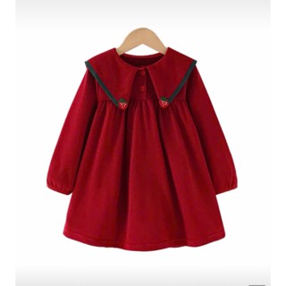 Váy bé gái The Apple Kids (9-35kg). Đầm nhung dài tay, 2 lớp màu đỏ đô mềm mịn cho bé diện đi học, dự tiệc Noel, Tết