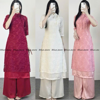  Áo dài lông vũ xẻ tà kèm quần lụa bigsize RSun Sét áo dài nữ cách tân thanh lịch 349 