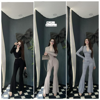 SL02 - Set bộ thun gân len Qc quần ống loe áo dây kéo tay dài cổ trụ