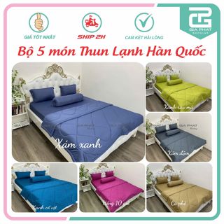 Bộ Chăn Ga Gối Thun Lạnh Hàn Quốc 5 món ( 1 mền chần bông +1 ga + 2 gối nằm + 1 gối ôm).