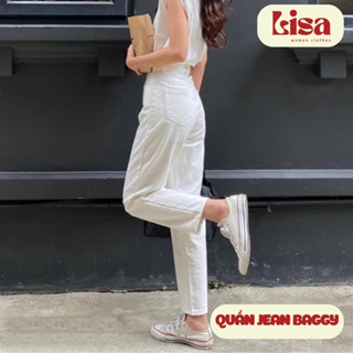 Quần Jean Baggy trắng nữ trơn HL202, Quần Baggy jean nữ lưng cao co giãn phong cách Retro Hàn Quốc