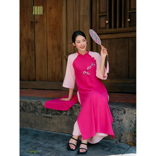 Set Áo Dài KÈM Quần Dài Ống Suông Cách Tân Trúc Mai Nhà Lụa Vải Linen Đỏ Hồng Họa Tiết Thêu Hoa, Đi Chơi, Lễ Chùa
