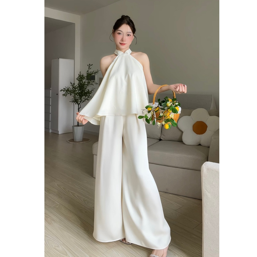 Ngolas - Set Yếm Gấm Yiyi -  Áo cổ Yếm Phối Ren Form Rộng Chất Tafta Bồ Công Anh May 2 Lớp Quần Lụa 