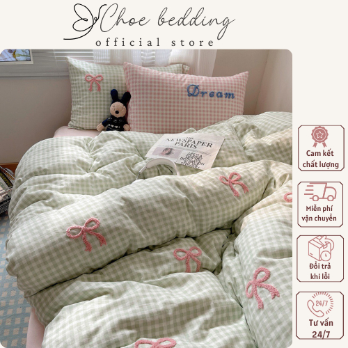 [ 4 MÓN] Bộ Chăn Ga Gối 4 Món Coton Đũi Dệt Hoạ Tiết Hình Nơ Coquette Mix Màu Caro Trẻ Trung, Mẫu Mớ