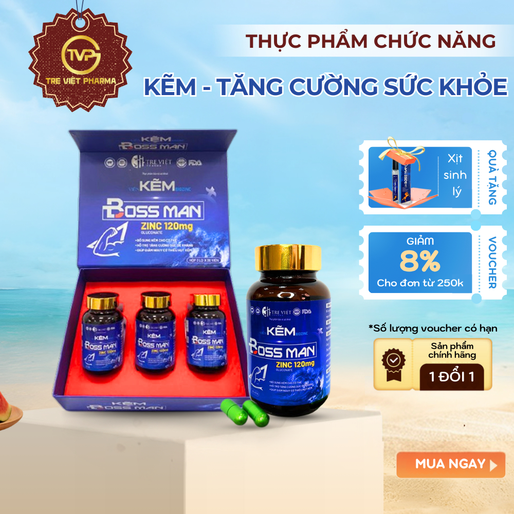 Kẽm BOSS MAN bổ sung khoáng kẽm cho cơ thể, hỗ trợ tăng cường sức khỏe đề kháng combo 3 lọ 90 viên