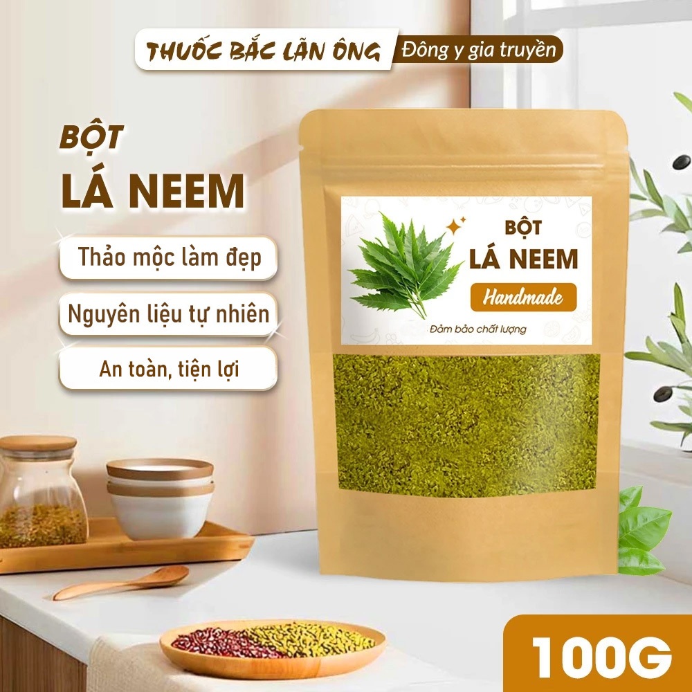 Bột lá neem Ẩn Độ 100g, bột lá vông nem, nguyên chất, thơm mịn, dùng đắp mặt dưỡng da - Lãn Ông