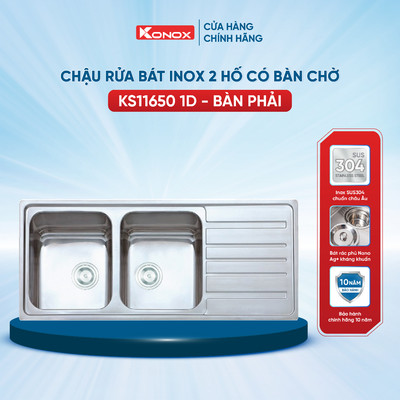 Chậu rửa bát inox 2 hố có bàn chờ Konox European Artusi KS11650 1D - Bảo hành 10 năm