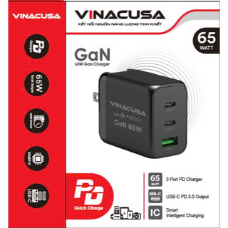 Bộ sạc nhanh 65W 3 cổng đa năng cho Laptop Macbok PD GaN VINACUSA V6512B GaN Quick charge 3.0