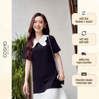 Váy đầm nữ thiết kế dáng suông đen phối cổ và gấu trắng lượn cong 12607