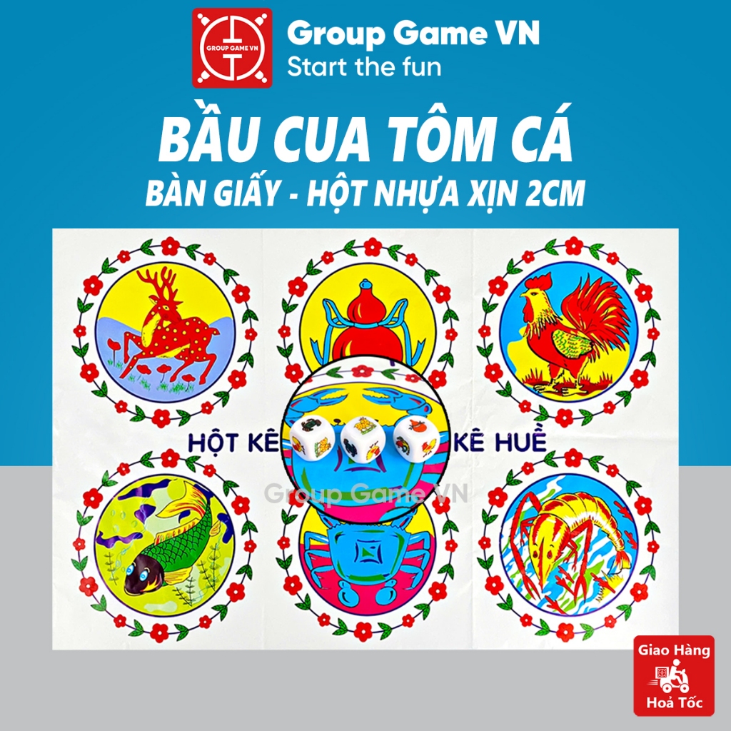 Bộ Bầu Cua Tôm Cá Bàn Giấy + 3 Hột Lắc Nhựa Xịn Hàng Việt Nam Cao Cấp, Boardgame bầu cua giải trí