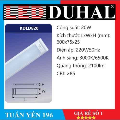 ĐÈN TUÝP BÁN NGUYỆT 6 TẤC LED 20W DUHAL KDLD820- Hàng Chính Hãng