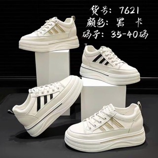 Giày thể thao nữ trắng độn đế cao 7cm phom gọn ôm chân phối 3 sọc full box Quảng Châu bản cao cấp đế bằng da Pu, M12