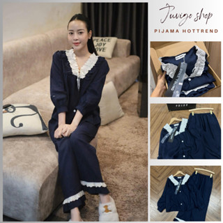 Đồ ngủ nữ, bộ mặc nhà pijama thu đông chất thô đũi mềm dài tay cổ V phối ren trắng buộc dây cài cúc dọc Juvigo HCOM3180