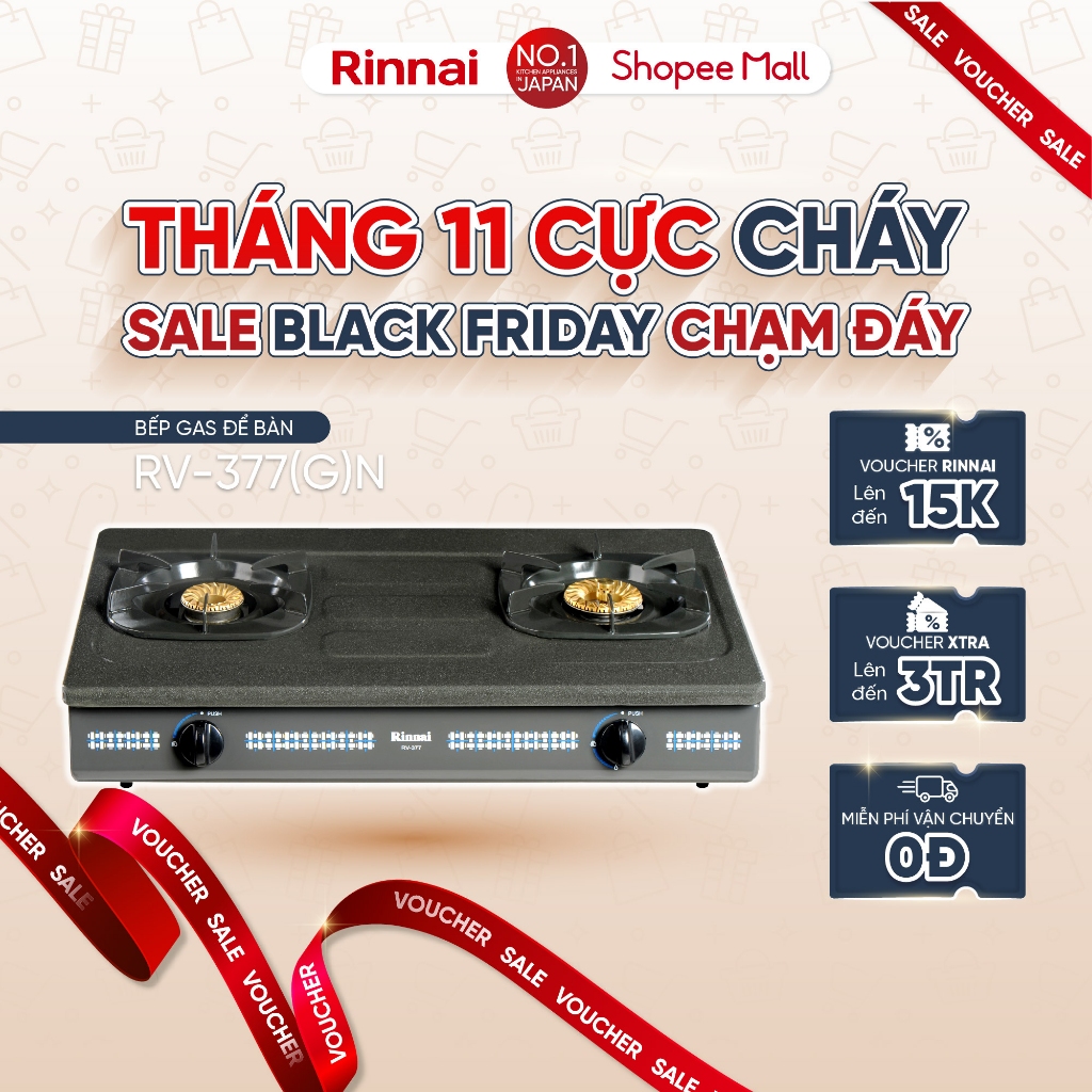 Bếp gas dương Rinnai RV-377(G)N mặt bếp men và kiềng bếp men - Hàng chính hãng.