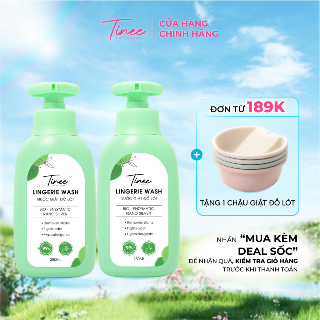 Hương thanh mát - Combo 2 Nước giặt đồ lót Sinh học Tinee 280ml Nano Bạc 280ml/ chai diệt nấm khuẩn 99%