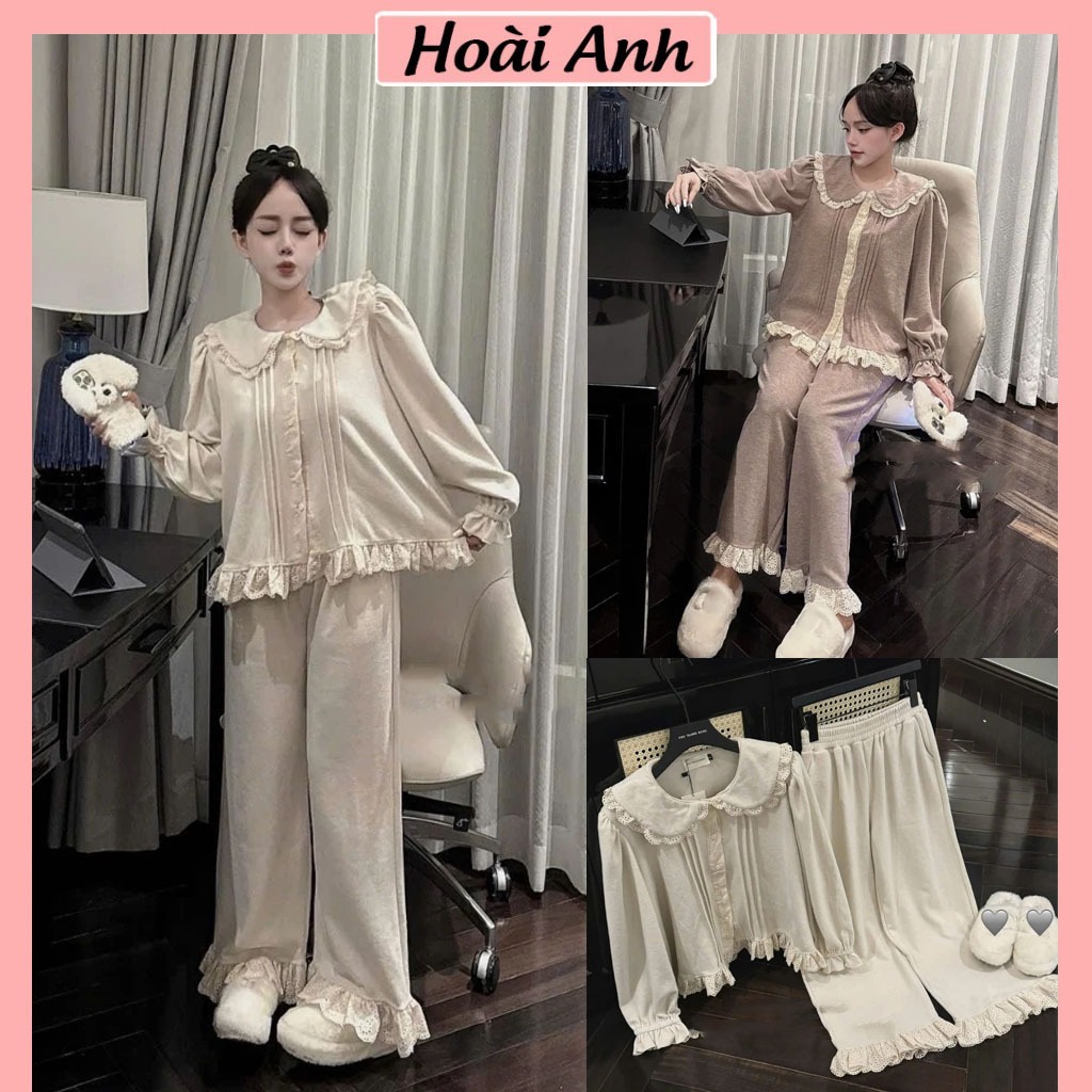 Set Bộ Đồ Nữ Len Lông THỏ Áo Cổ Sen Cúc Dọc Phối Viền Ren Dập Ly Mix Quần Suông Dài Viền Gấu Ren Freesize 
