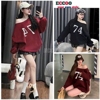 Áo thun lệch vai in số 74 ,áo nỉ hàn quốc trễ vai phom to rộng cực xinh ,trẻ chung năng động