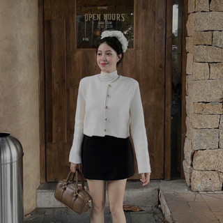 Áo Khoác Dạ Nữ Tweed Phối Khuy Đồng Tròn Dài Tay 2 Màu Đen Trắng Vintage Mùa Thu Đông