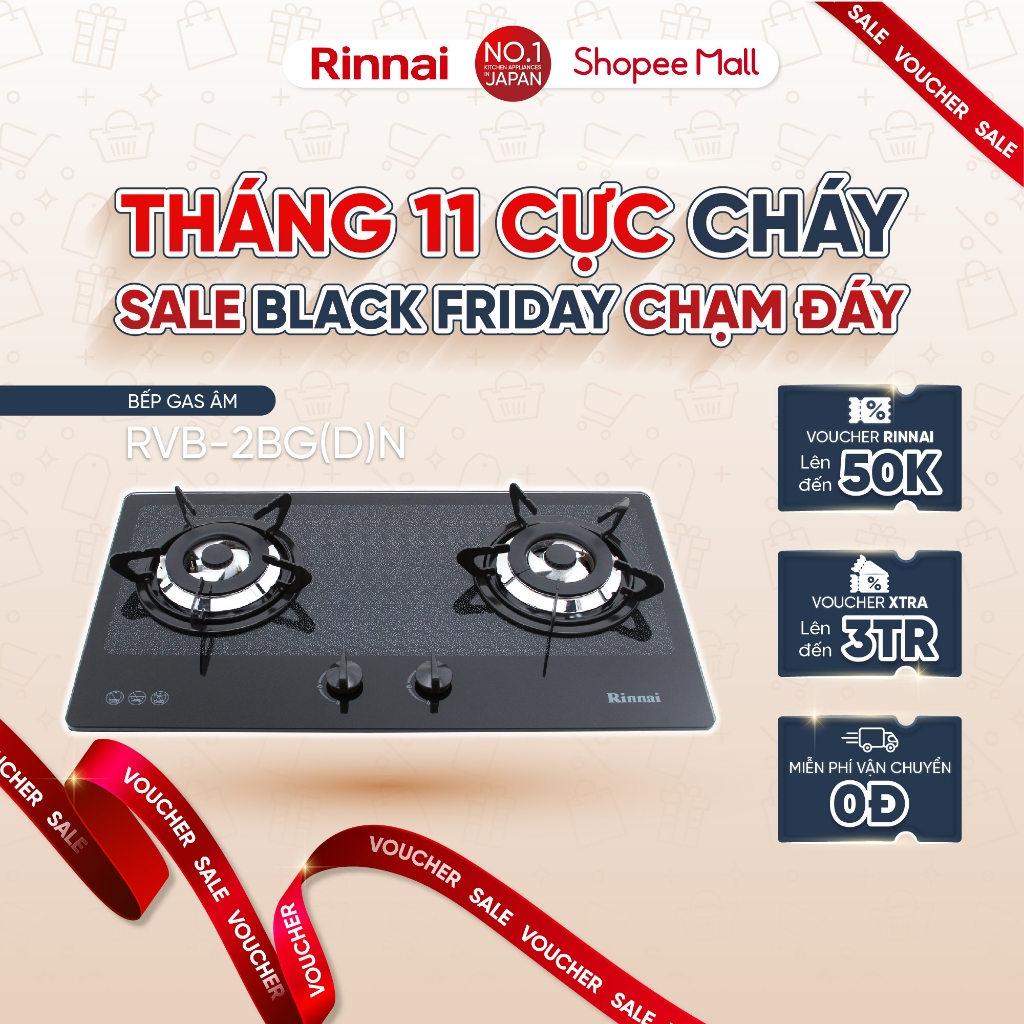 Bếp gas âm Rinnai RVB-2BG(D)N mặt bếp kính và kiềng bếp men - Hàng chính hãng.