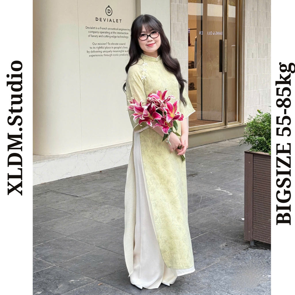 Áo dài cách tân BIGSIZE thiết kế suông, tơ bốn tà, tay lửng kèm quần XLDM Studio ( Áo dài Sen Cốm )