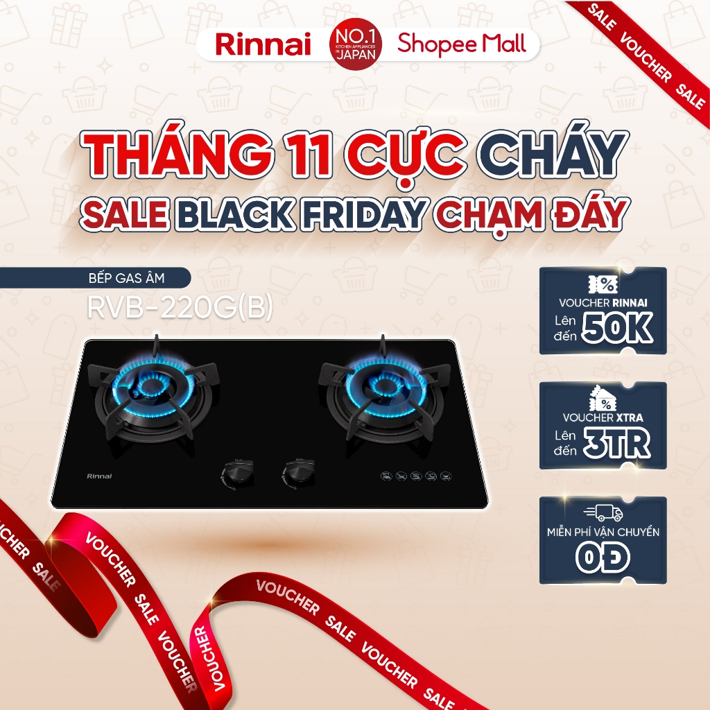 Bếp gas âm Rinnai RVB-220G(B) mặt bếp kính và kiềng bếp gang - Hàng chính hãng.