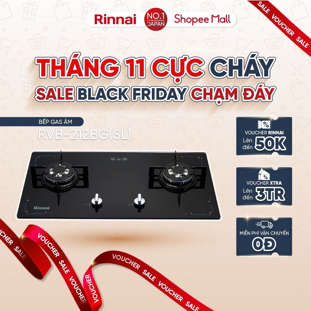 Bếp gas âm Rinnai RVB-212BG(SL) mặt bếp kính và kiềng bếp men - Hàng chính hãng.