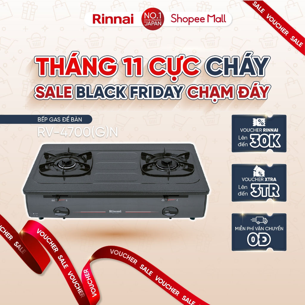 Bếp gas dương Rinnai RV-4700(G)N mặt bếp men và kiềng bếp men - Hàng chính hãng.