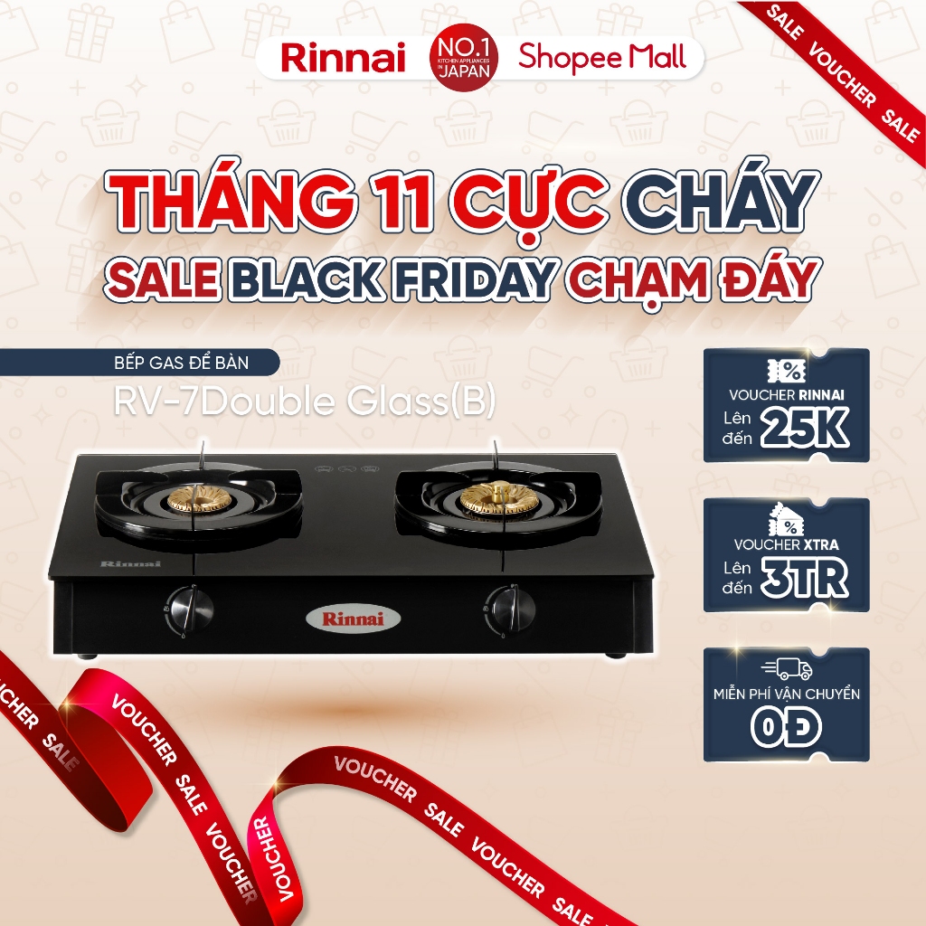 Bếp gas dương Rinnai RV-7Double Glass(B) mặt bếp kính và kiềng bếp men - Hàng chính hãng.