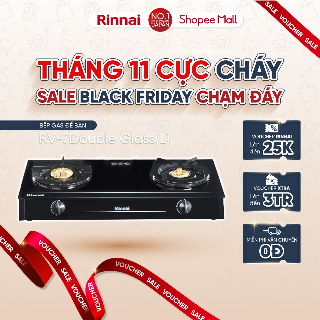 Bếp gas dương Rinnai RV-7Double Glass(L) mặt bếp kính và kiềng bếp men - Hàng chính hãng.
