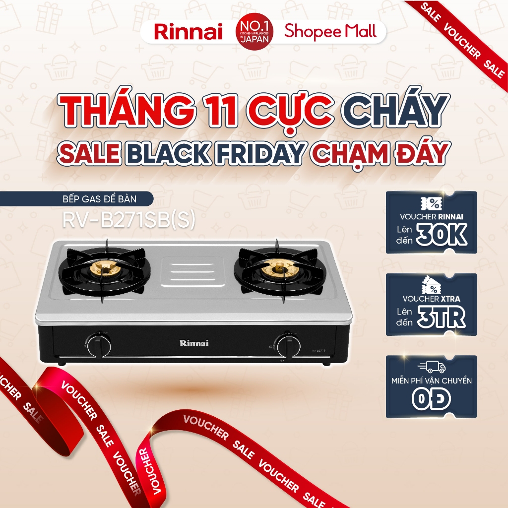 Bếp gas dương Rinnai RV-B271SB(S) mặt bếp inox và kiềng bếp men - Hàng chính hãng.